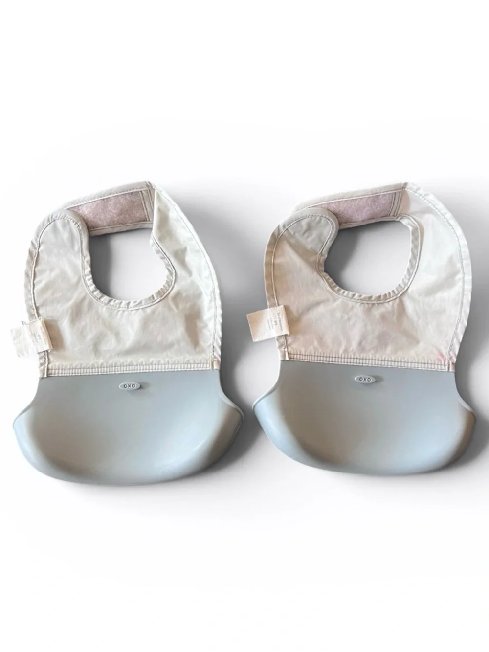 OXO Tot Roll-Up Bib Set (2) Grey Silicone Catcher Adjustable Travel Bibs